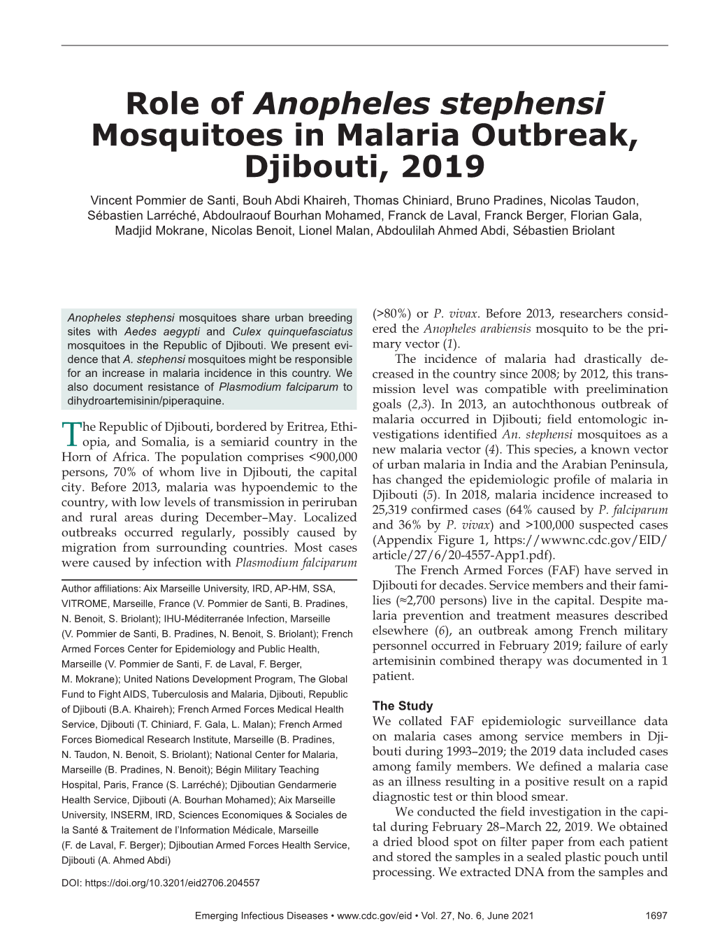 Role of Anopheles Stephensi Mosquitoes in Malaria Outbreak