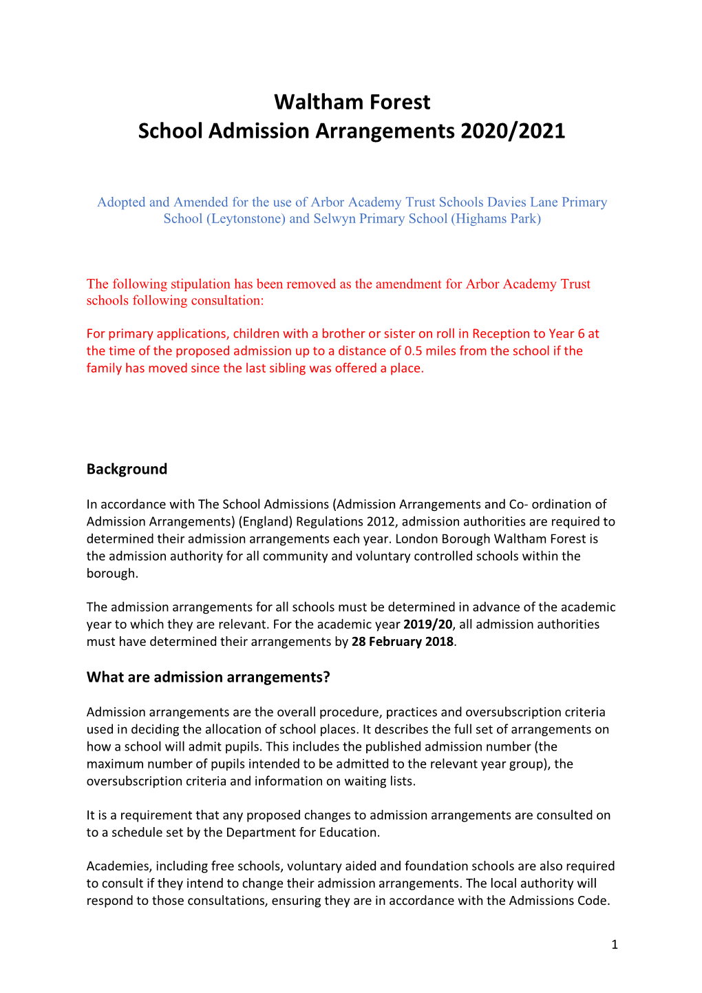 Waltham Forest School Admission Arrangements 2020/2021