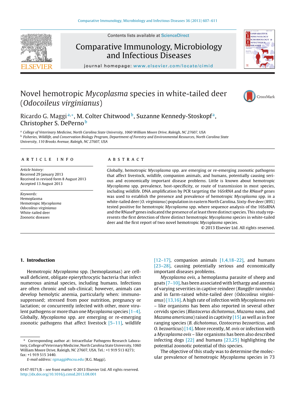 Novel Hemotropic Mycoplasma Species in White-Tailed Deer (Odocoileus Virginianus)