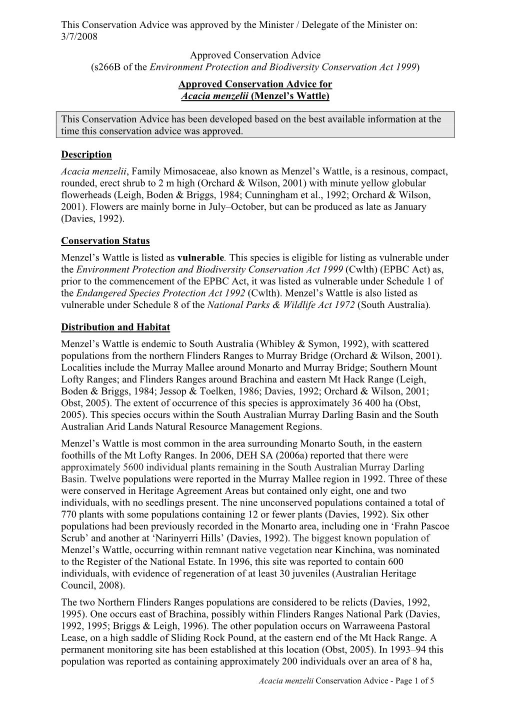 Approved Conservation Advice for Acacia Menzelii (Menzel's Wattle)