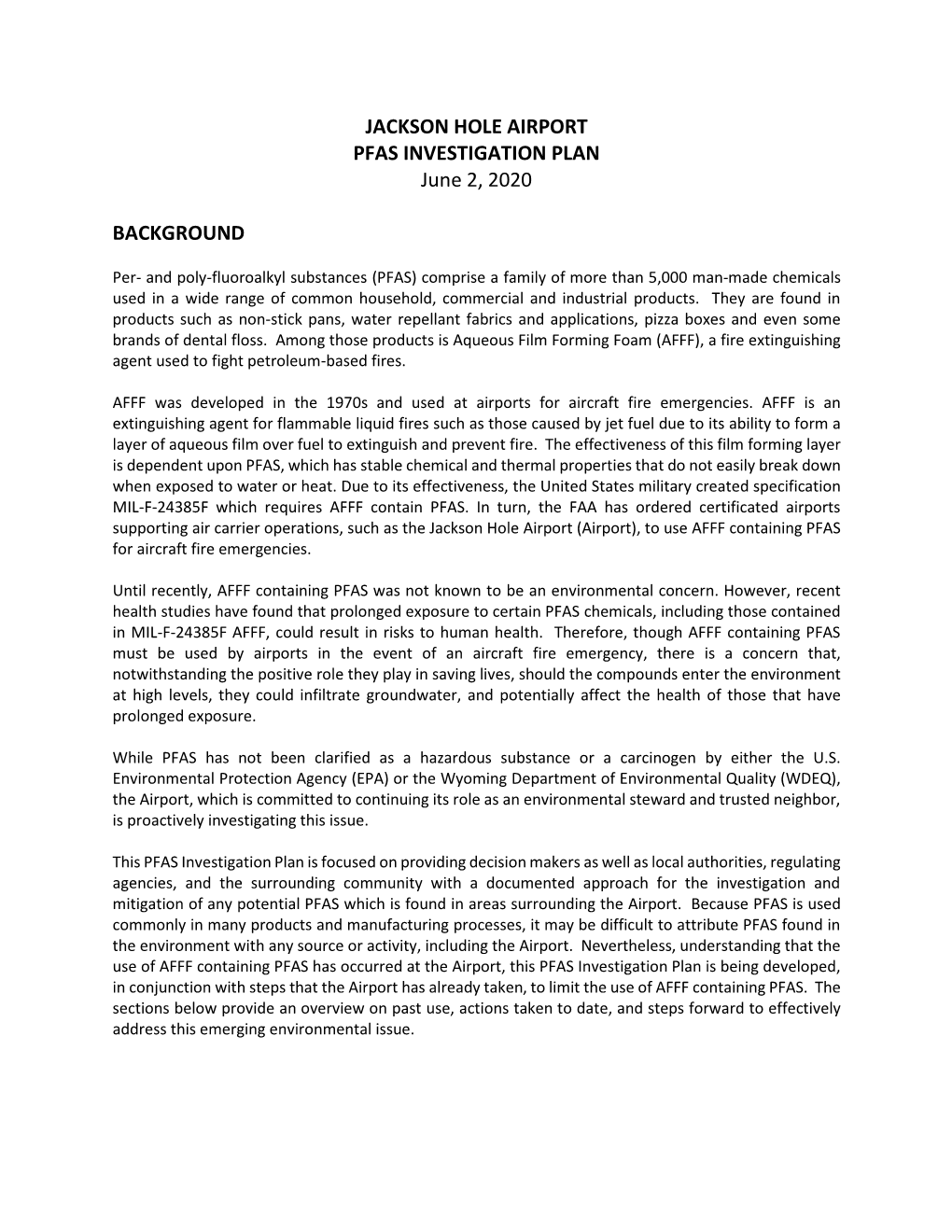 JACKSON HOLE AIRPORT PFAS INVESTIGATION PLAN June 2, 2020