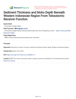 Sediment Thickness and Moho Depth Beneath Western Indonesian Region from Teleseismic Receiver Function