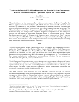 Testimony Before the U.S.-China Economic and Security Review Commission: Chinese Human Intelligence Operations Against the United States
