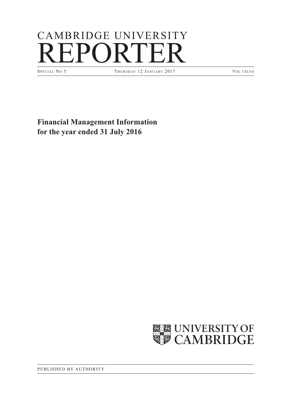 Cambridge University Reporter Special No 5 - Financial Management Information