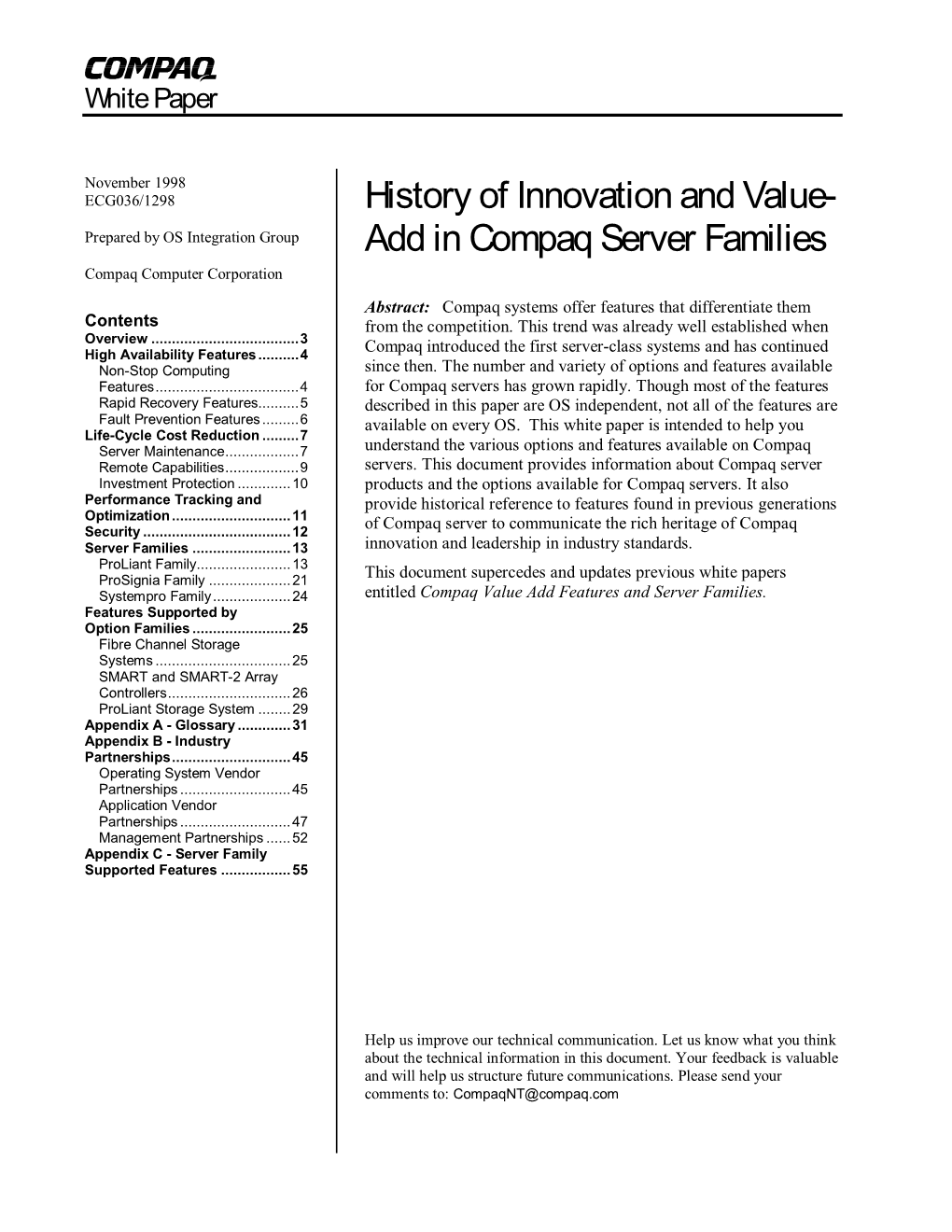 History of Innovation and Value- Add in Compaq Server Families