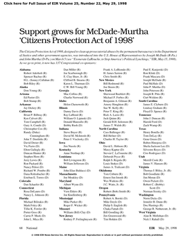 Support Grows for Mcdade-Murtha 'Citizens Protection Act of 1998'