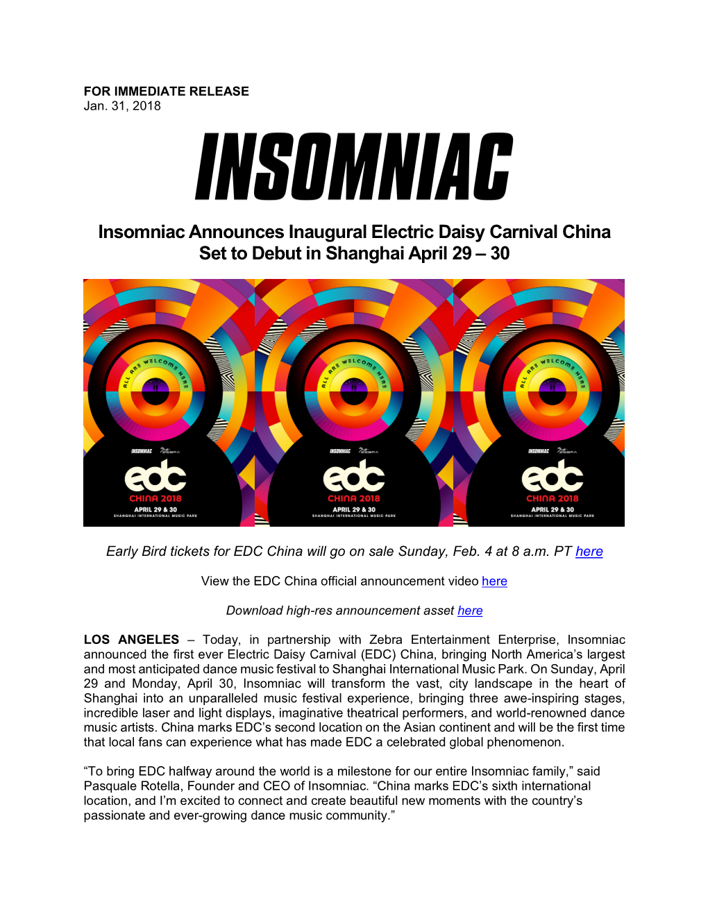 Insomniac Announces Inaugural Electric Daisy Carnival China Set to Debut in Shanghai April 29 – 30