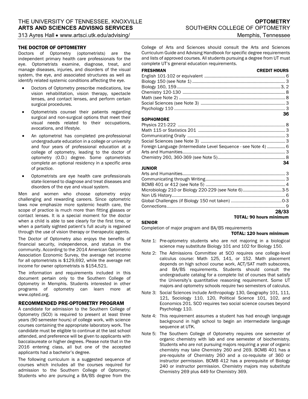 OPTOMETRY ARTS and SCIENCES ADVISNG SERVICES SOUTHERN COLLEGE of OPTOMETRY 313 Ayres Hall  Memphis, Tennessee