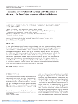 Tularaemia Seroprevalence of Captured and Wild Animals in Germany: the Fox (Vulpes Vulpes) As a Biological Indicator