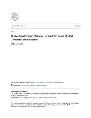 The Medieval English Marriage Portion from Cases of Mort D'ancestor and Formedon