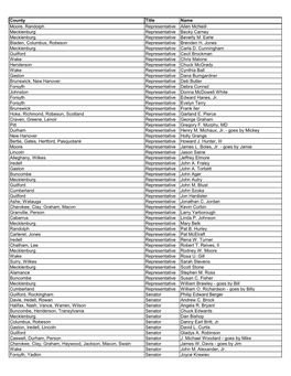 County Title Name Moore, Randolph Representative Allen Mcneill Mecklenburg Representative Becky Carney Mecklenburg Representative Beverly M