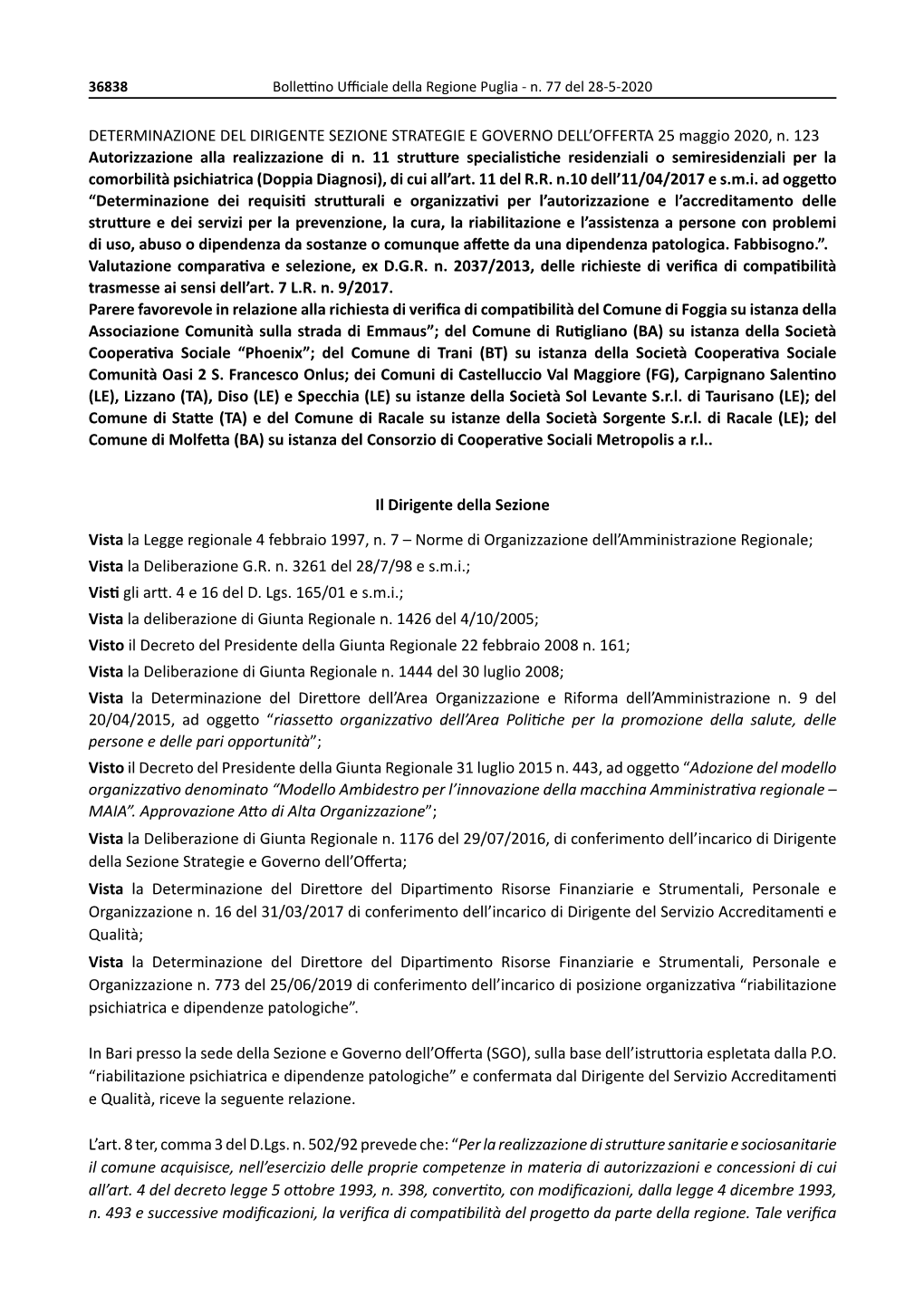 DETERMINAZIONE DEL DIRIGENTE SEZIONE STRATEGIE E GOVERNO DELL’OFFERTA 25 Maggio 2020, N