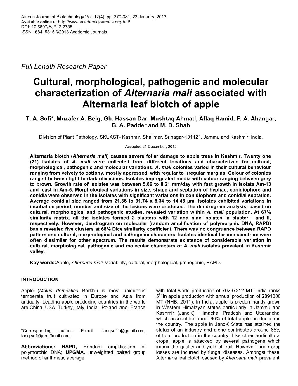 Cultural, Morphological, Pathogenic and Molecular Characterization of Alternaria Mali Associated with Alternaria Leaf Blotch of Apple