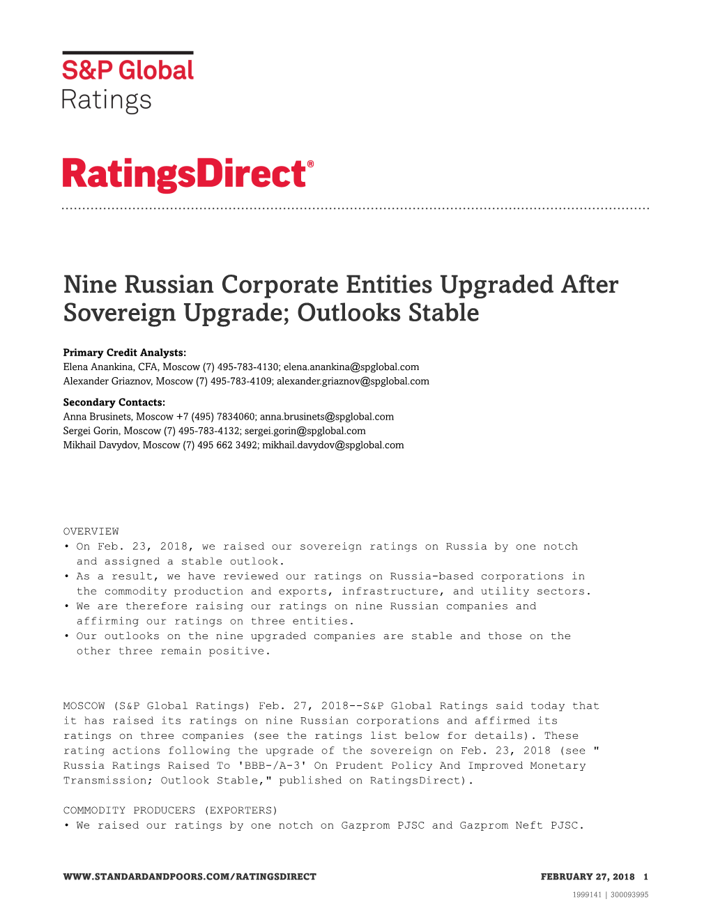 Nine Russian Corporate Entities Upgraded After Sovereign Upgrade; Outlooks Stable