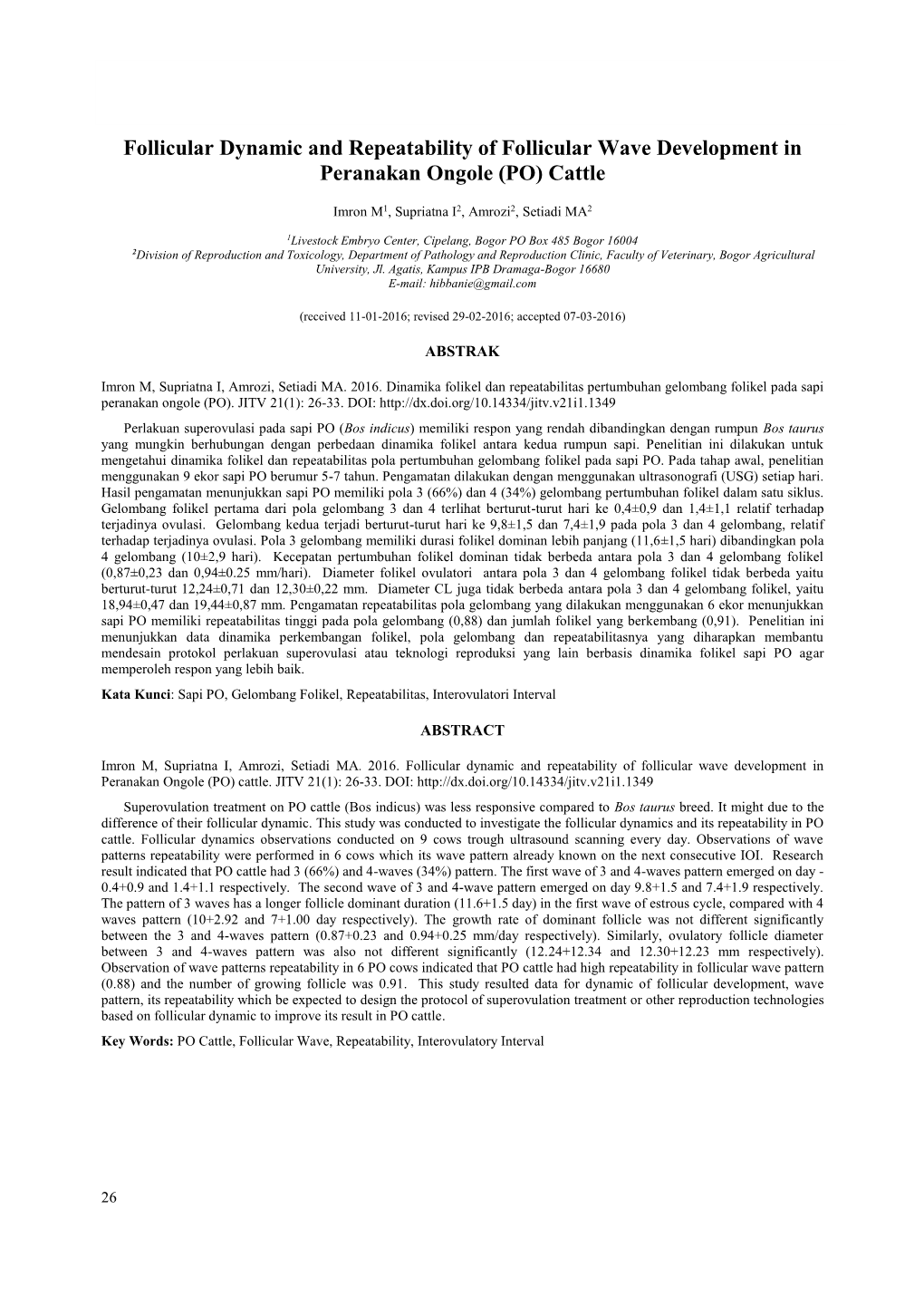 Follicular Dynamic and Repeatability of Follicular Wave Development in Peranakan Ongole (PO) Cattle