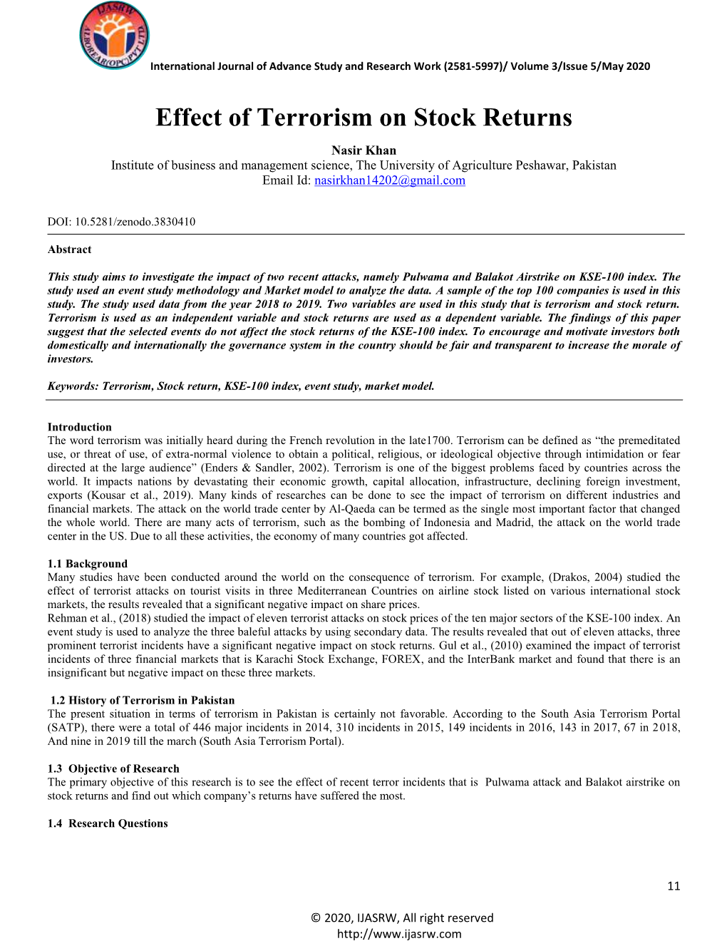 Effect of Terrorism on Stock Returns