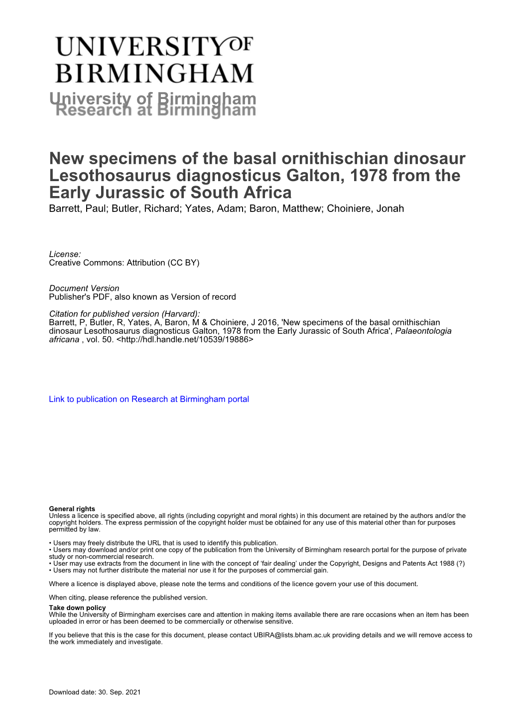 University of Birmingham New Specimens of the Basal Ornithischian Dinosaur Lesothosaurus Diagnosticus Galton, 1978 from the Earl