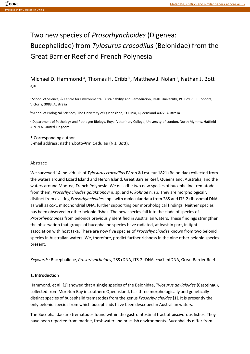 Two New Species of Prosorhynchoides (Digenea: Bucephalidae) from Tylosurus Crocodilus (Belonidae) from the Great Barrier Reef and French Polynesia