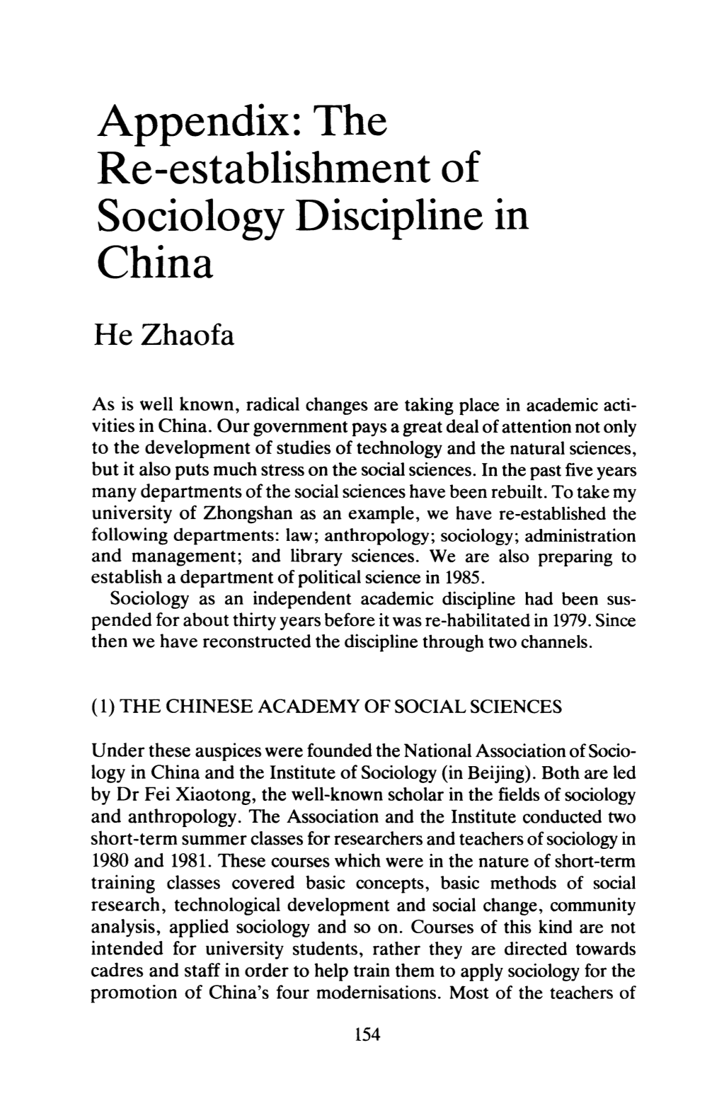 Appendix: the Re-Establishment of Sociology Discipline in China