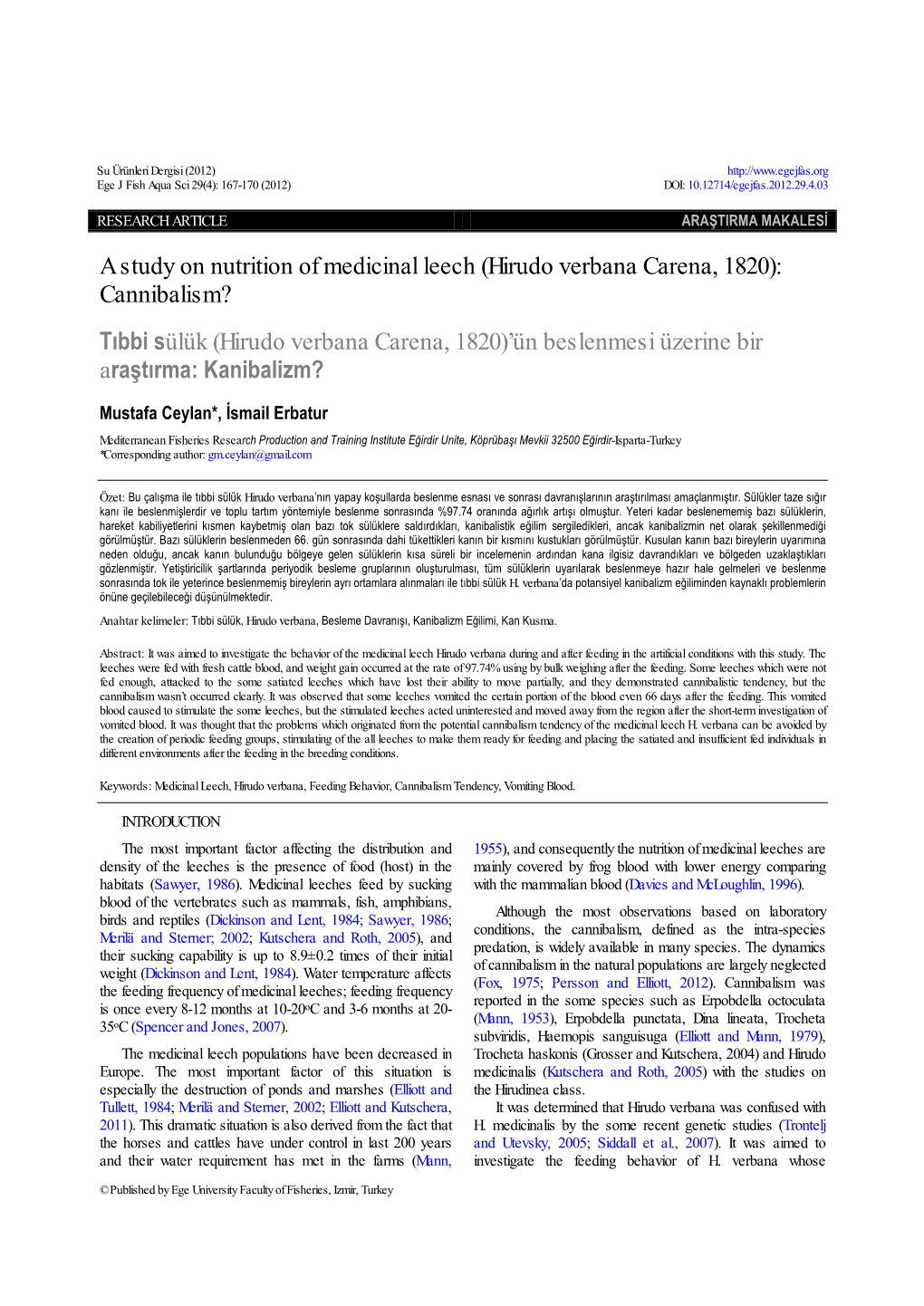 A Study on Nutrition of Medicinal Leech