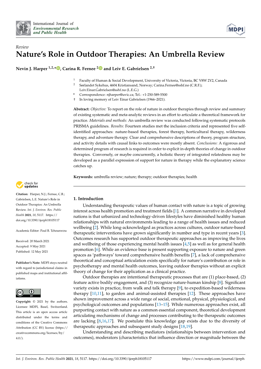 Nature's Role in Outdoor Therapies: an Umbrella Review