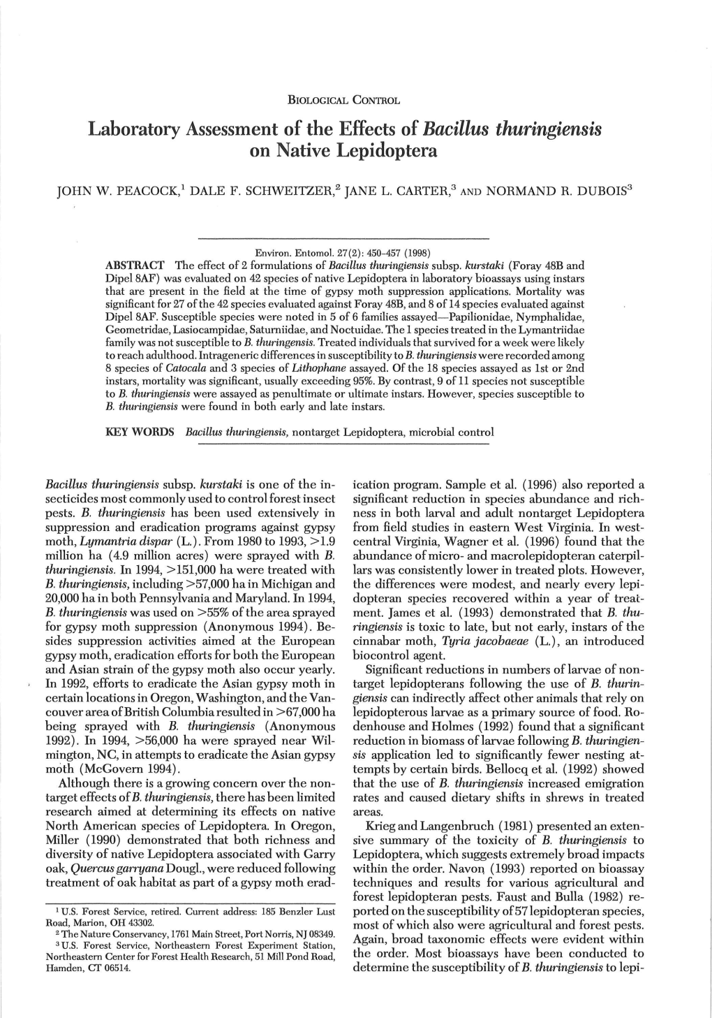 Laboratory Assessment of the Effects of Bacillus Thuringiensis on Native Lepidoptera