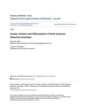 Genetic Variation and Differentiation of North American Waterfowl (Anatidae)
