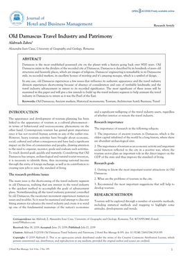 Old Damascus Travel Industry and Patrimony Alabrash Zahra* Alexandru Ioan Cuza, University of Geography and Geology, Romania