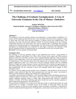 The Challenge of Graduate Unemployment: a Case of University Graduates in the City of Mutare- Zimbabwe