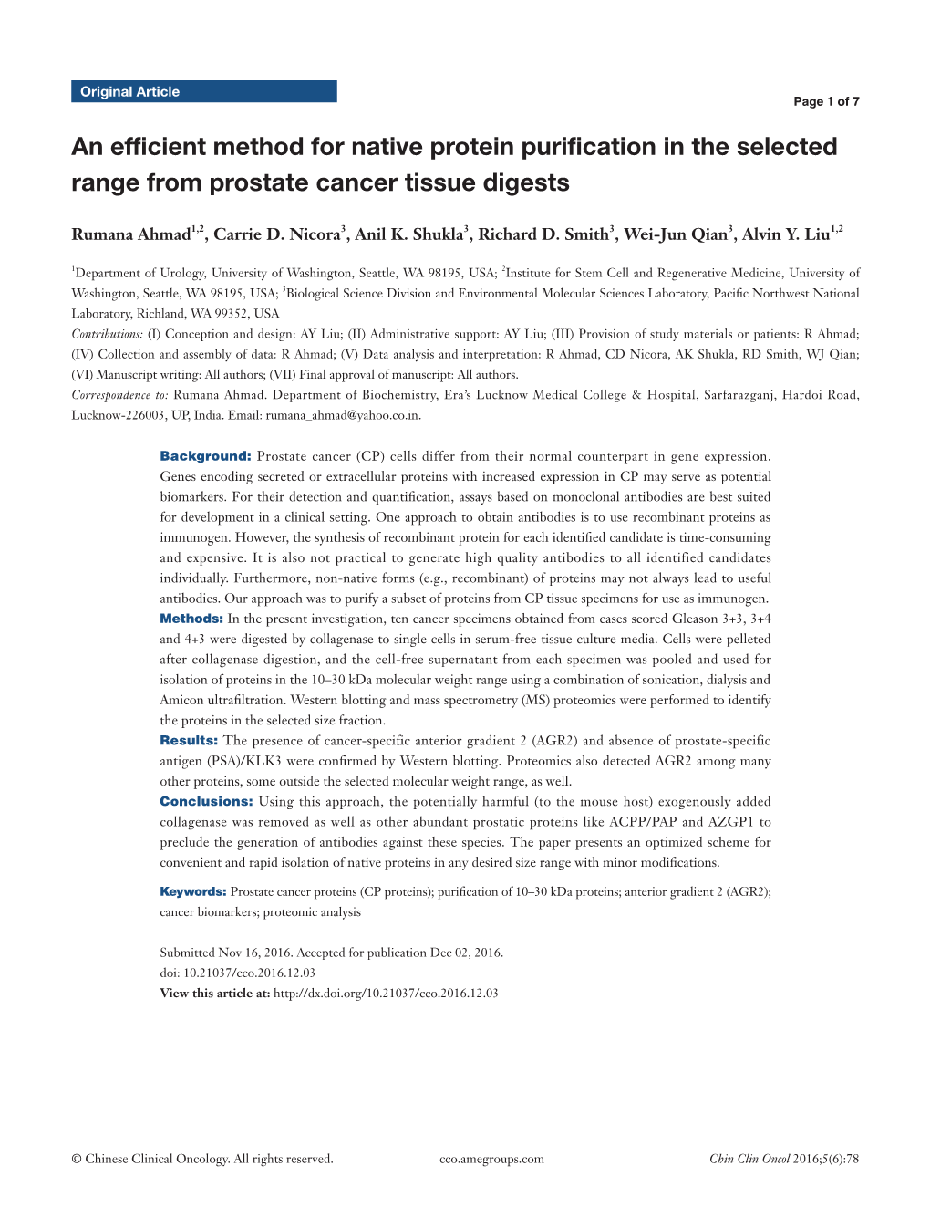 An Efficient Method for Native Protein Purification in the Selected Range from Prostate Cancer Tissue Digests