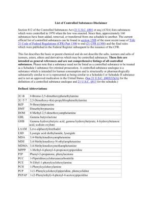 List of Controlled Substances Disclaimer Section 812 of The