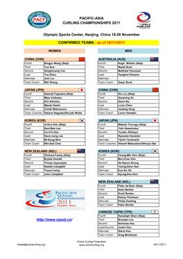 PACIFIC-ASIA CURLING CHAMPIONSHIPS 2011 Olympic Sports Center, Nanjing, China 18-26 November CONFIRMED