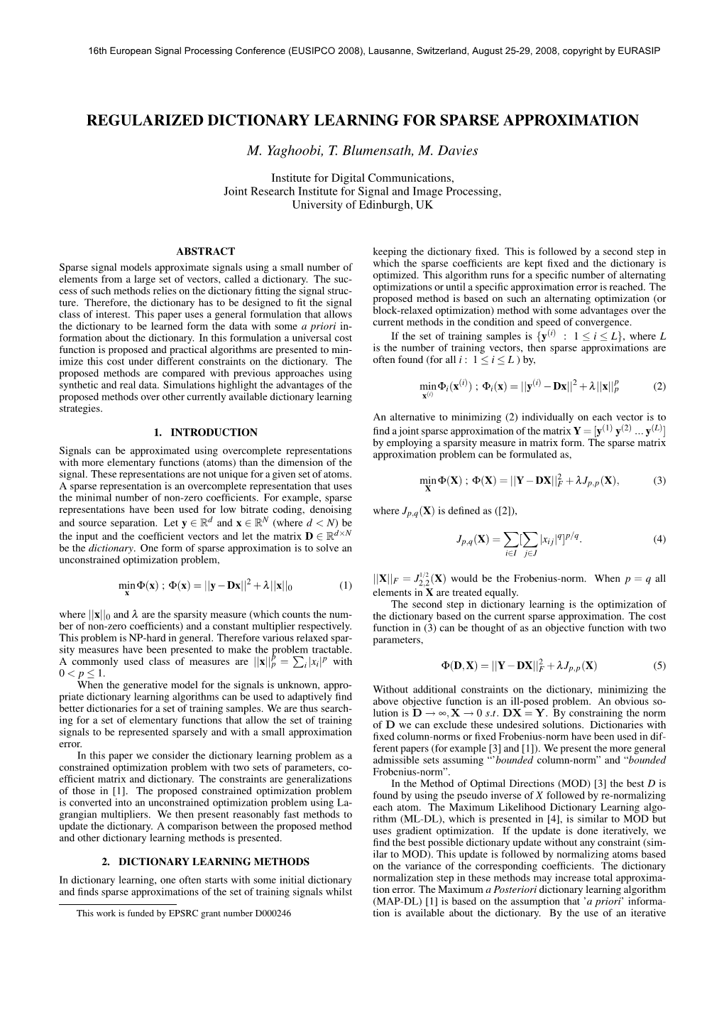 Regularized Dictionary Learning for Sparse Approximation