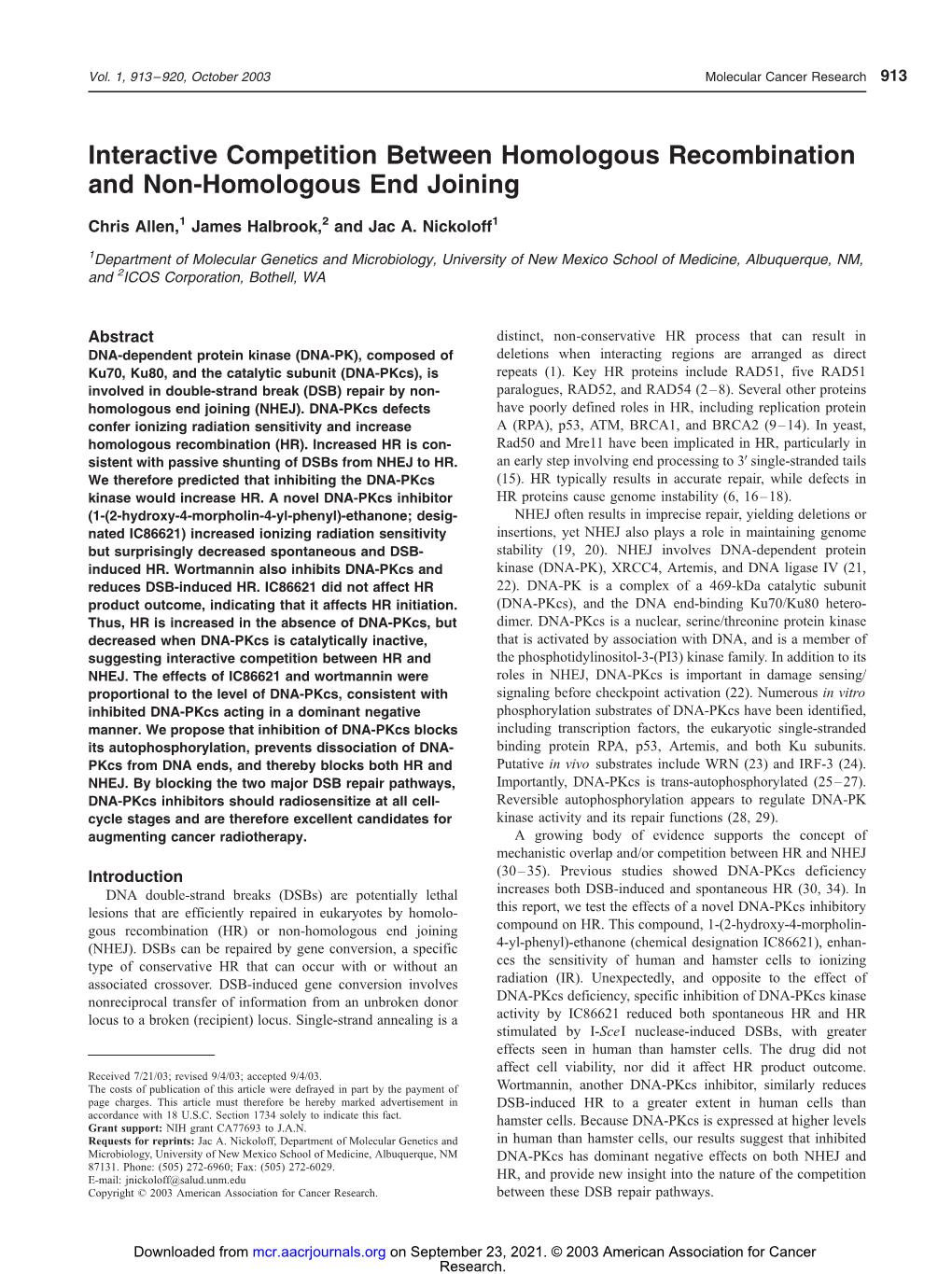 Interactive Competition Between Homologous Recombination and Non-Homologous End Joining