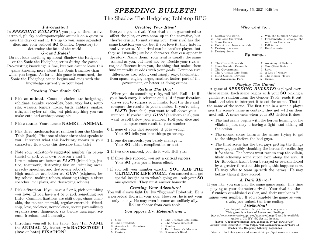 SPEEDING BULLETS! February 16, 2021 Edition the Shadow the Hedgehog Tabletop RPG