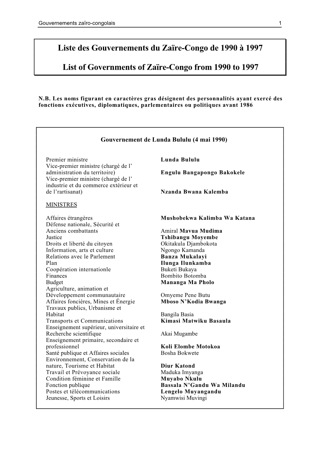 Organigramme Des Gouvernements Successifs Au Zaïre