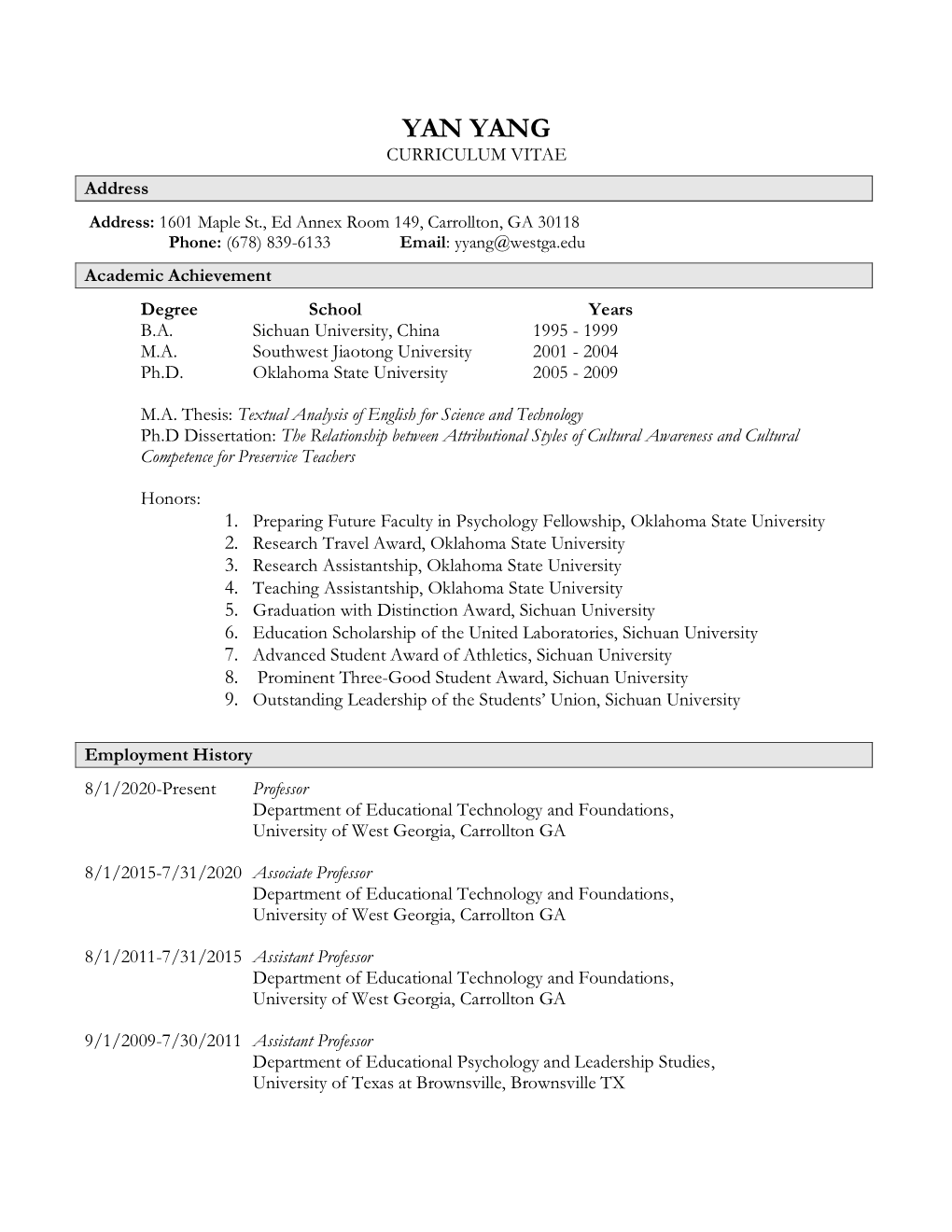 Yan Yang Curriculum Vitae