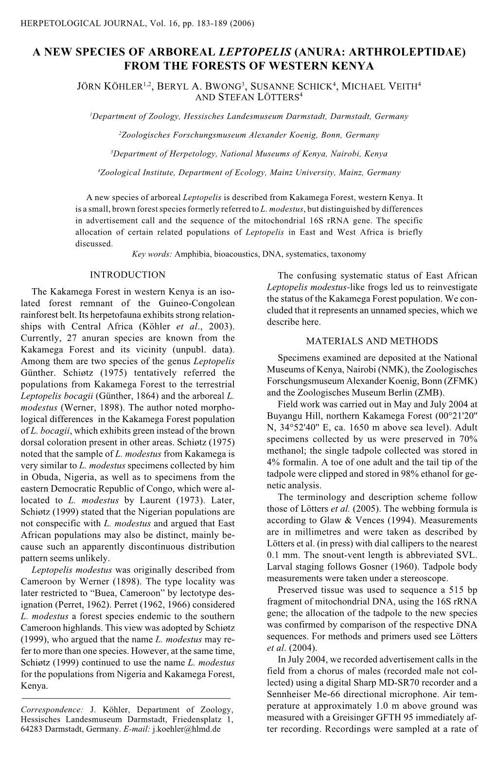 A New Species of Arboreal &lt;I&gt;Leptopelis&lt;/I&gt; (Anura