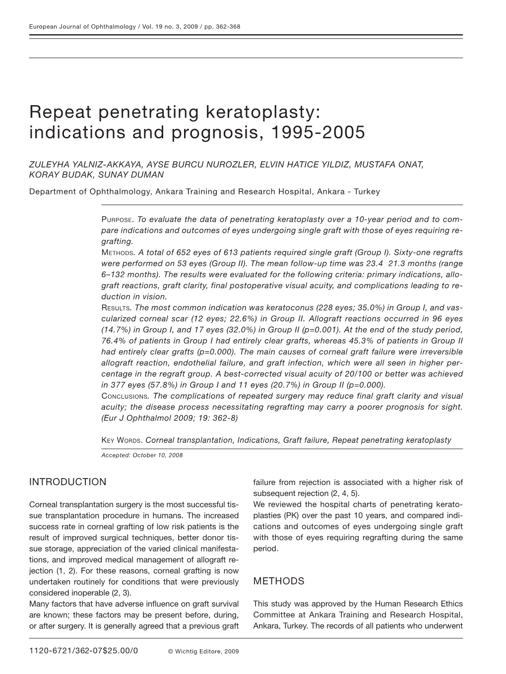 Repeat Penetrating Keratoplasty: Indications and Prognosis, 1995-2005