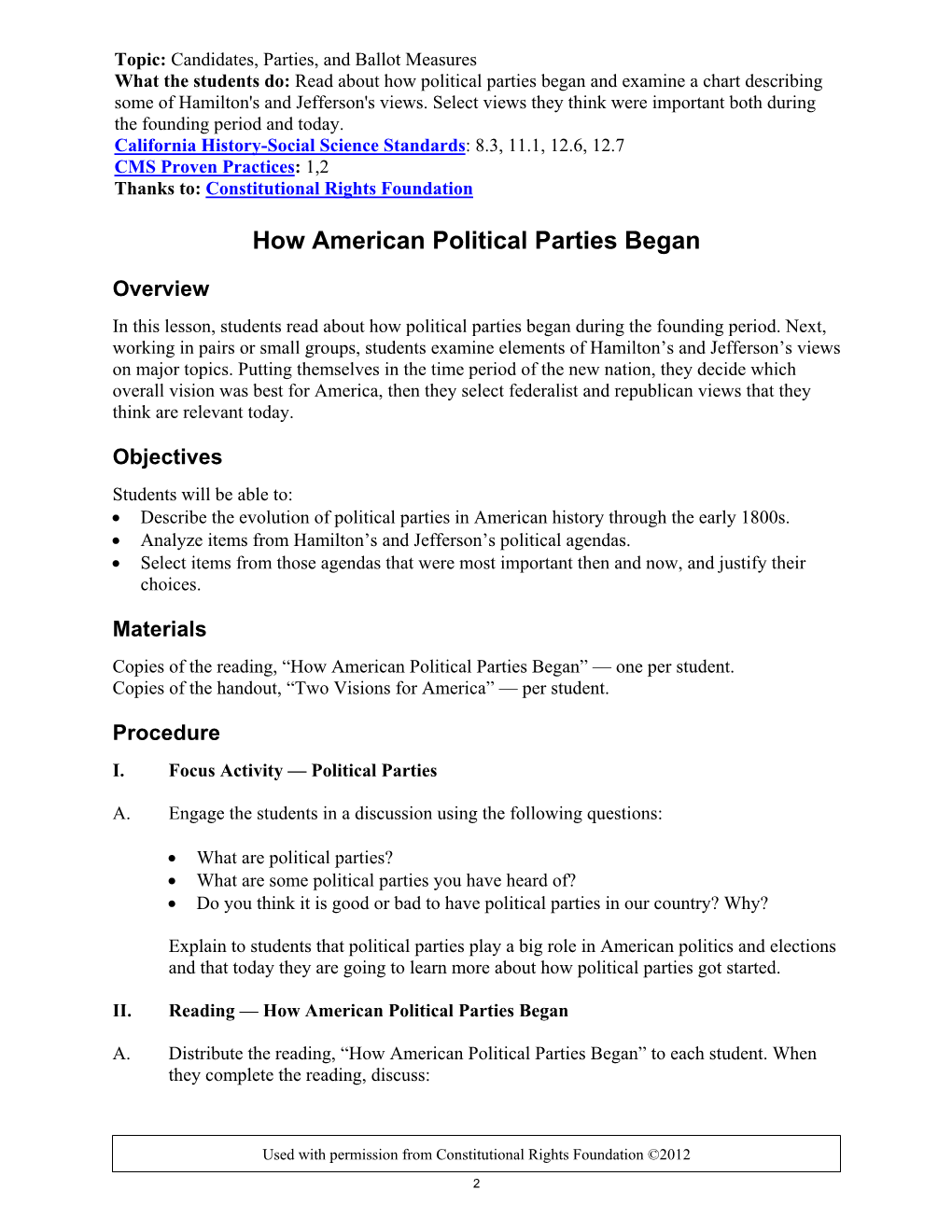 How Political Parties Began and Examine a Chart Describing Some of Hamilton's and Jefferson's Views