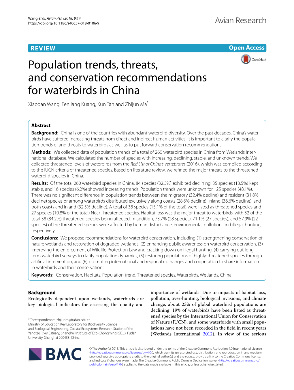 Population Trends, Threats, and Conservation Recommendations for Waterbirds in China Xiaodan Wang, Fenliang Kuang, Kun Tan and Zhijun Ma*