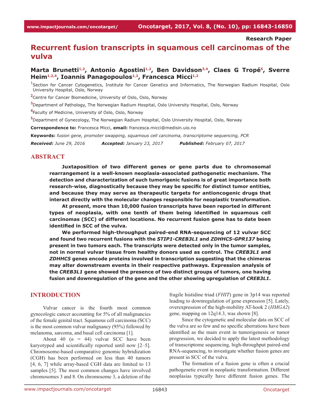 Recurrent Fusion Transcripts in Squamous Cell Carcinomas of the Vulva