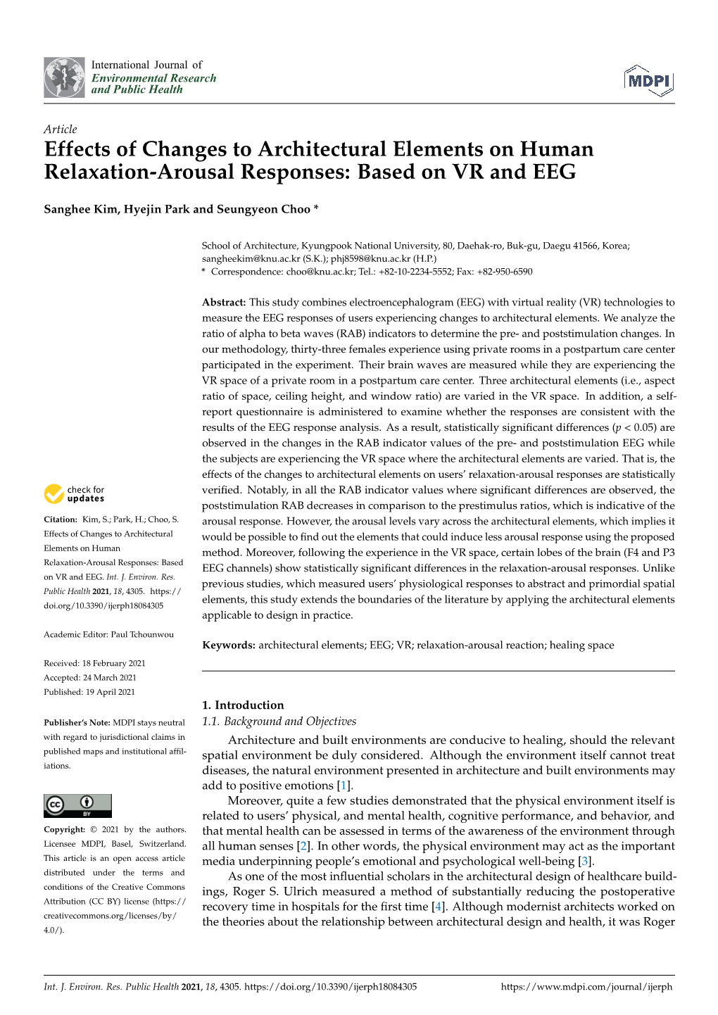 Effects of Changes to Architectural Elements on Human Relaxation-Arousal Responses: Based on VR and EEG