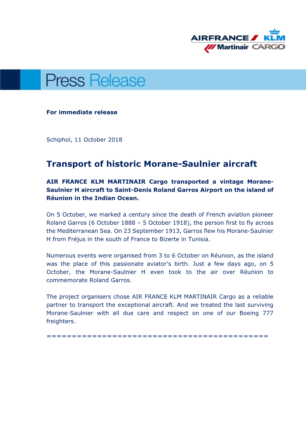 Transport of Historic Morane-Saulnier Aircraft