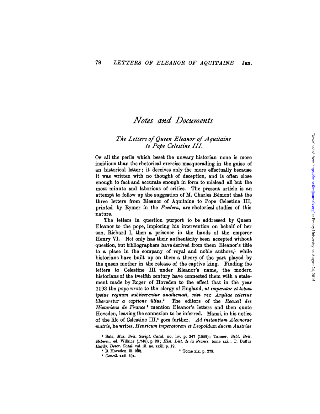 Notes and Documents Downloaded from the Letters of Queen Eleanor of Aquitaine to Pope Celestine III