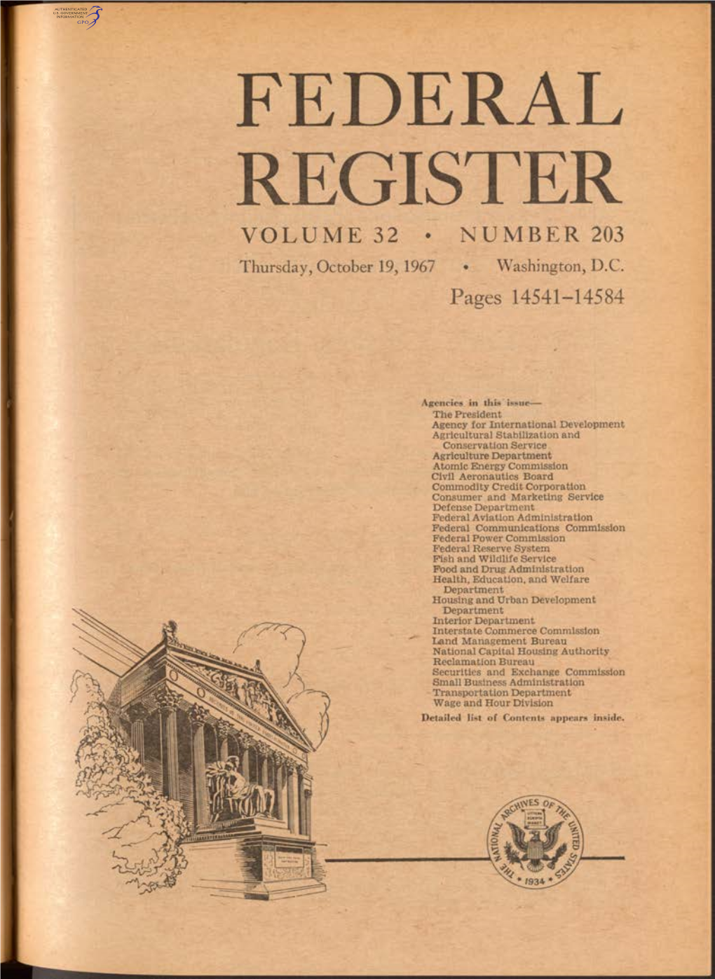 FEDERAL REGISTER VOLUME 32 • NUMBER 203 Thursday, October 19, 1967 • Washington, D.C