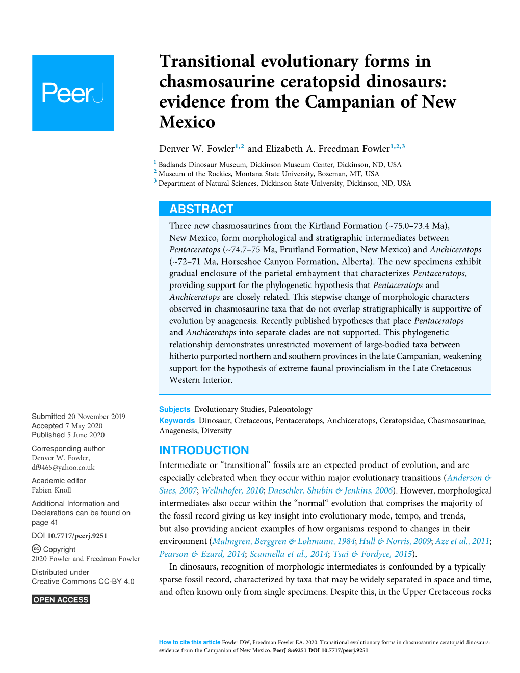 Transitional Evolutionary Forms in Chasmosaurine Ceratopsid Dinosaurs: Evidence from the Campanian of New Mexico