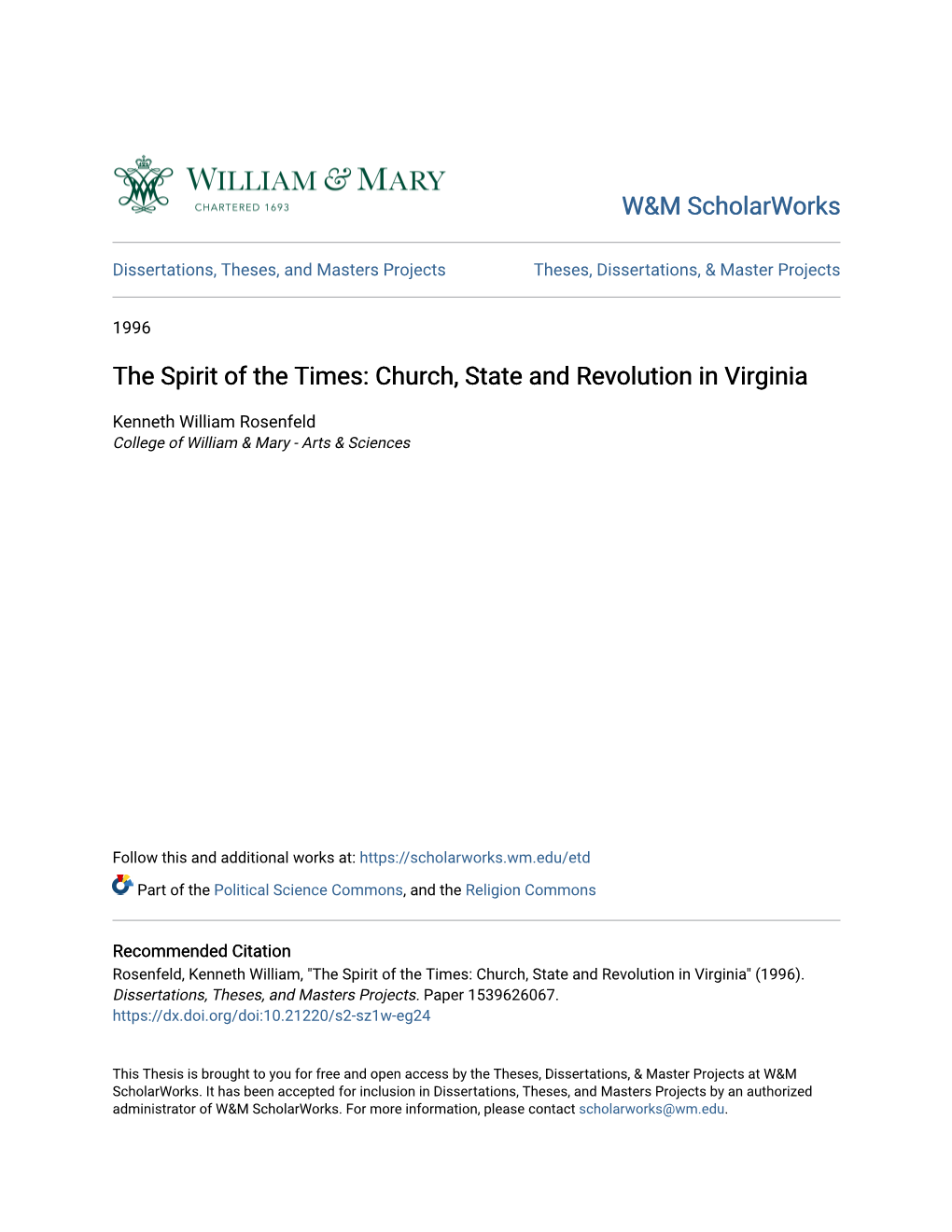 The Spirit of the Times: Church, State and Revolution in Virginia