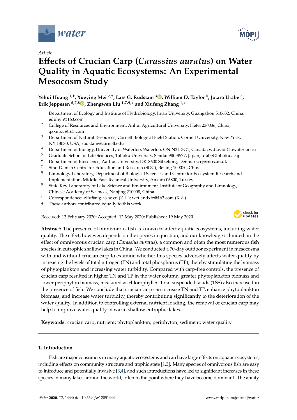 Effects of Crucian Carp (Carassius Auratus) on Water Quality in Aquatic