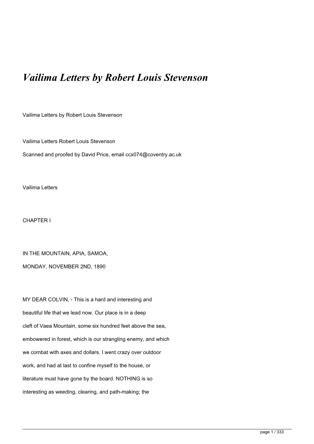 Vailima Letters by Robert Louis Stevenson</H1>